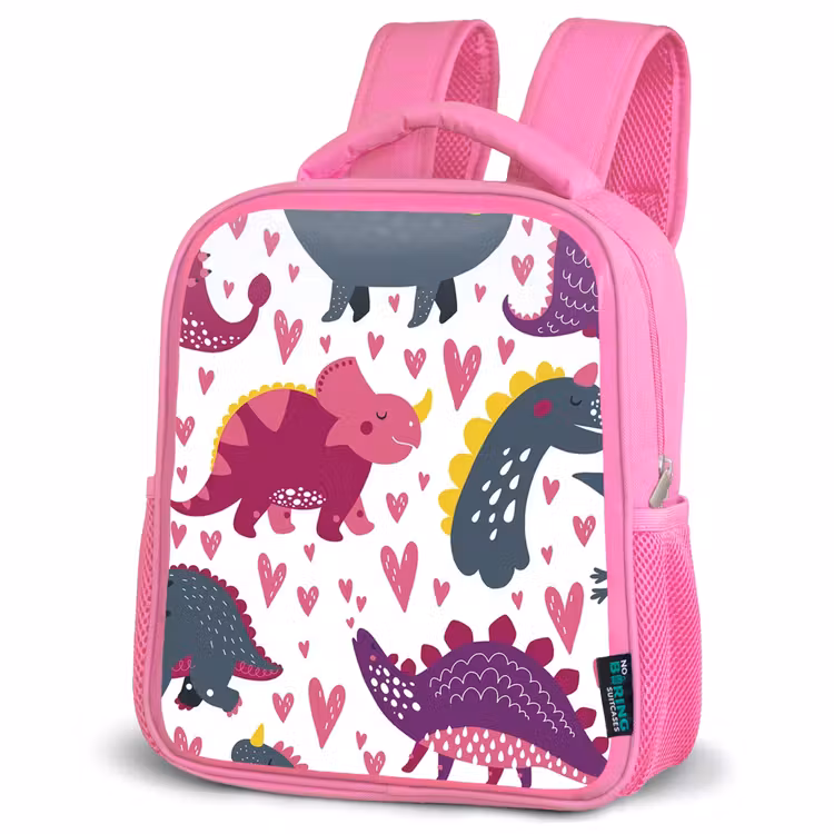 Dino - Hart - Patronen - Roze - Meisjes - Dinosaurus Kinderrugzak - Roze middel -schuin