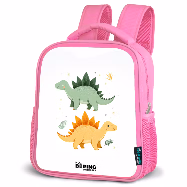 Dinos - Dieren - Groen - Oranje Kinderrugzak - Roze middel -schuin