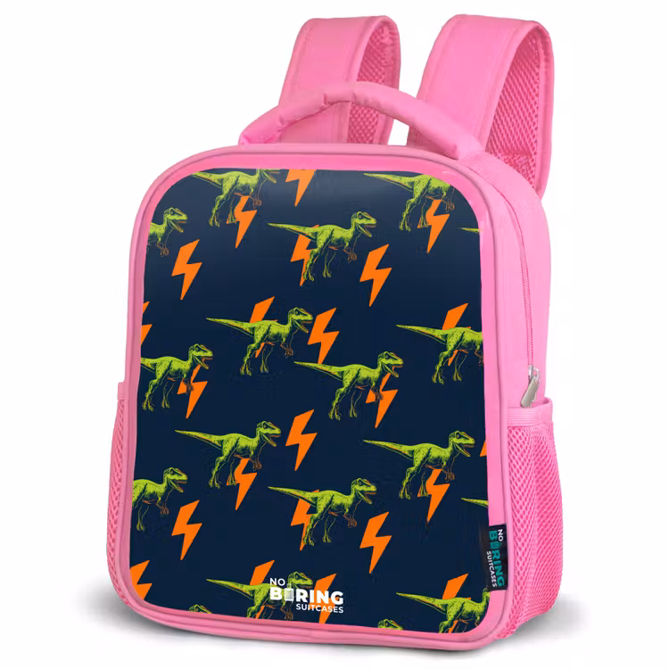 Dinos - Bliksem - Dieren - Blauw Kinderrugzak - Roze middel -schuin