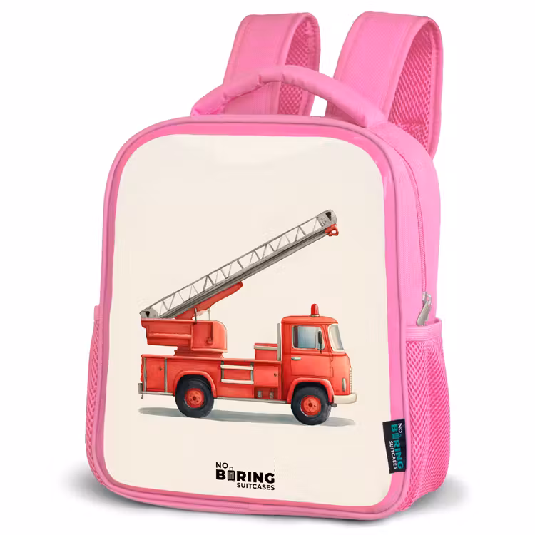 Brandweerwagen - Getekend - Rood Kinderrugzak - Roze middel -schuin