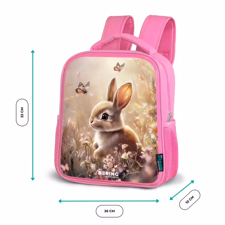 Bloemen - Bruin - Konijntje - Vlinder Kinderrugzak - Roze middel -productfoto_formaten