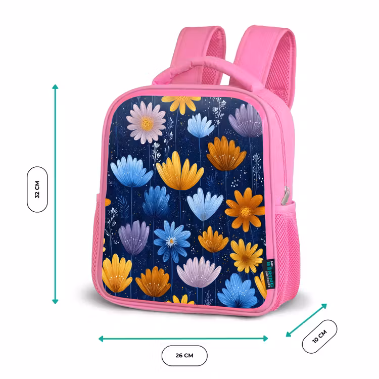Bloemen - Patroon - Blauw - Contrast Kinderrugzak - Roze middel -productfoto_formaten