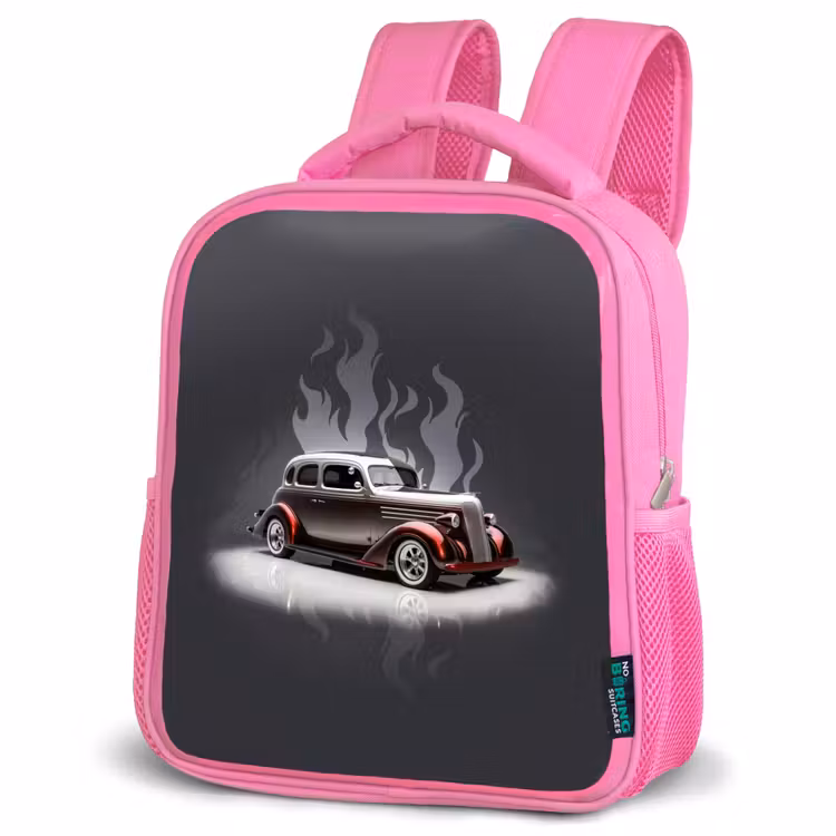 Grijze auto met grijze vlammen Kinderrugzak - Roze middel -schuin