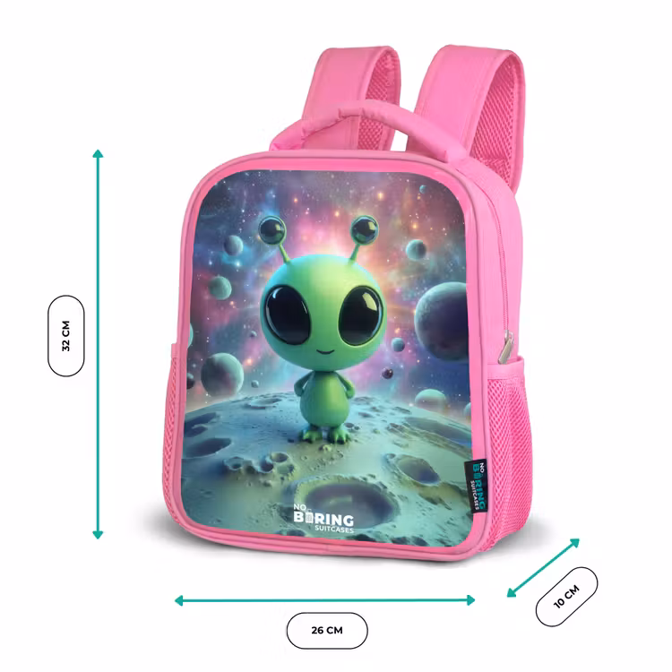 Groen buitenaards wezentje op maanlandschap Kinderrugzak - Roze middel -productfoto_formaten