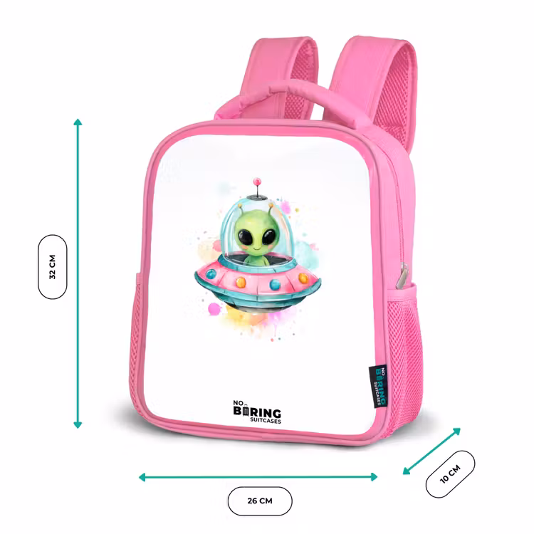 Groene alien in kleurrijke UFO Kinderrugzak - Roze middel -productfoto_formaten