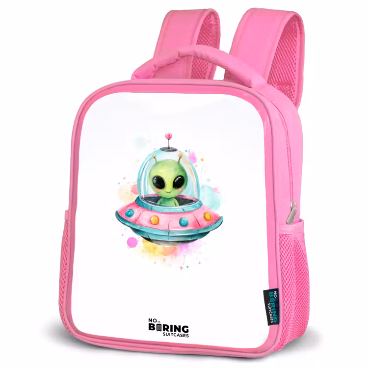 Groene alien in kleurrijke UFO Kinderrugzak - Roze middel -schuin