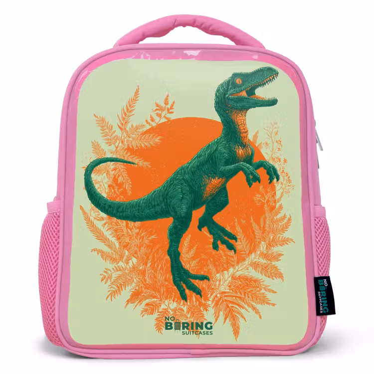 Groene dino tussen varens Kinderrugzak - Roze middel -3d