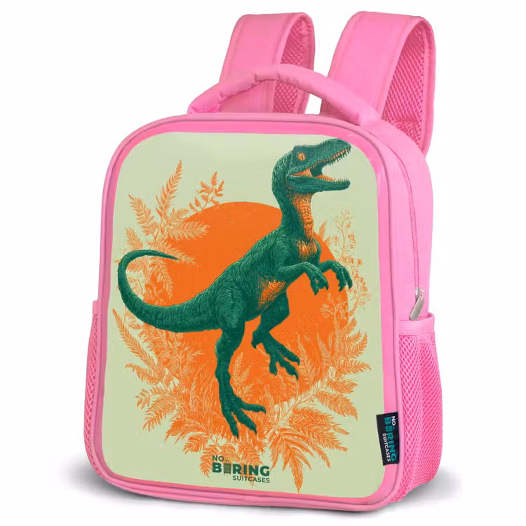 Groene dino tussen varens Kinderrugzak - Roze middel -schuin
