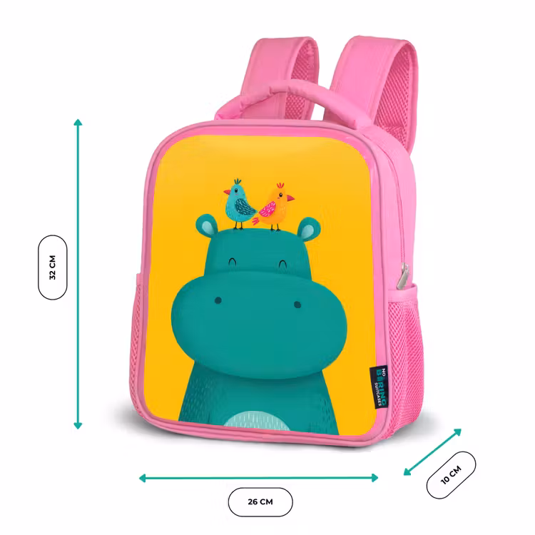 Nijlpaard - Vogels - Groen - Geel Kinderrugzak - Roze middel -productfoto_formaten