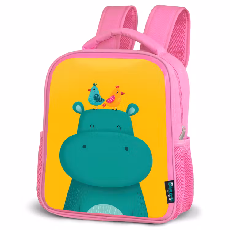 Nijlpaard - Vogels - Groen - Geel Kinderrugzak - Roze middel -schuin