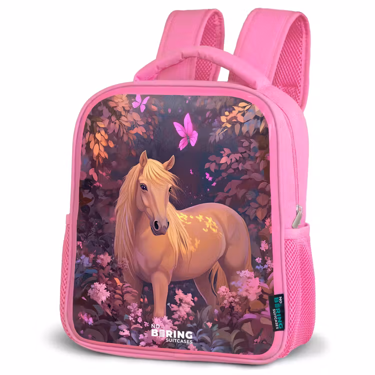 Paard - Bloemen - Paars - Vlinder Kinderrugzak - Roze middel -schuin