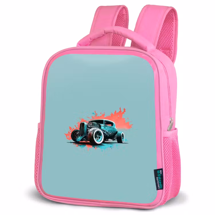 Hotrod turquoise Kinderrugzak - Roze middel -schuin