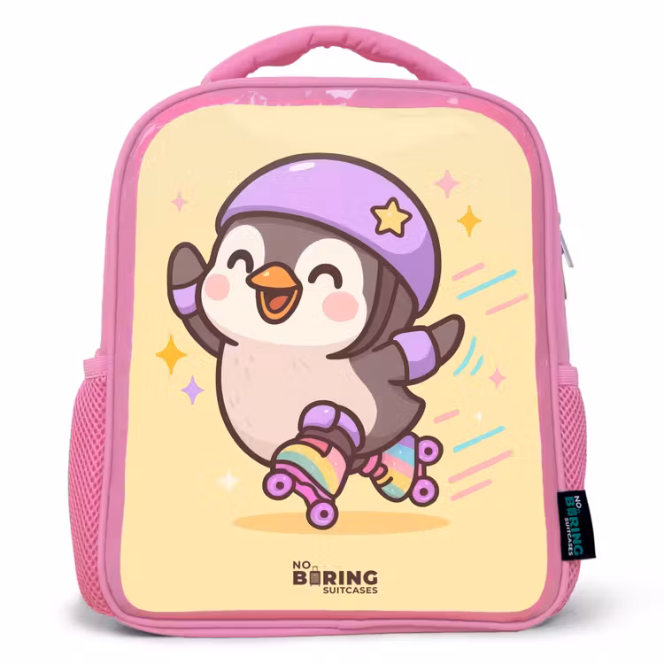 Kawai - Pinguin - Rolschaatsen Kinderrugzak - Roze middel -3d