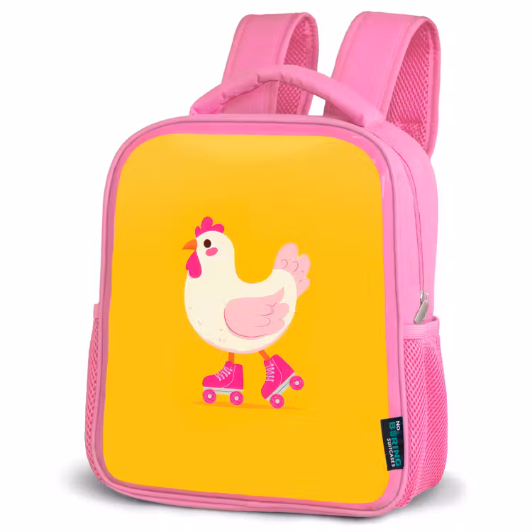 Kip - Rolschaatsen - Geel Kinderrugzak - Roze middel -schuin