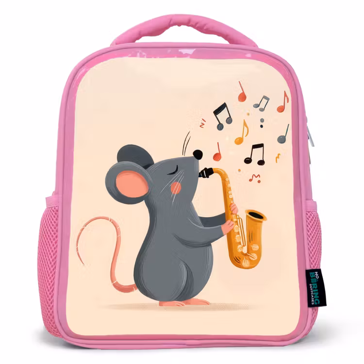 Muis - Saxofoon - Muzieknoten Kinderrugzak - Roze middel -3d