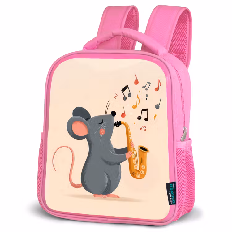 Muis - Saxofoon - Muzieknoten Kinderrugzak - Roze middel -schuin