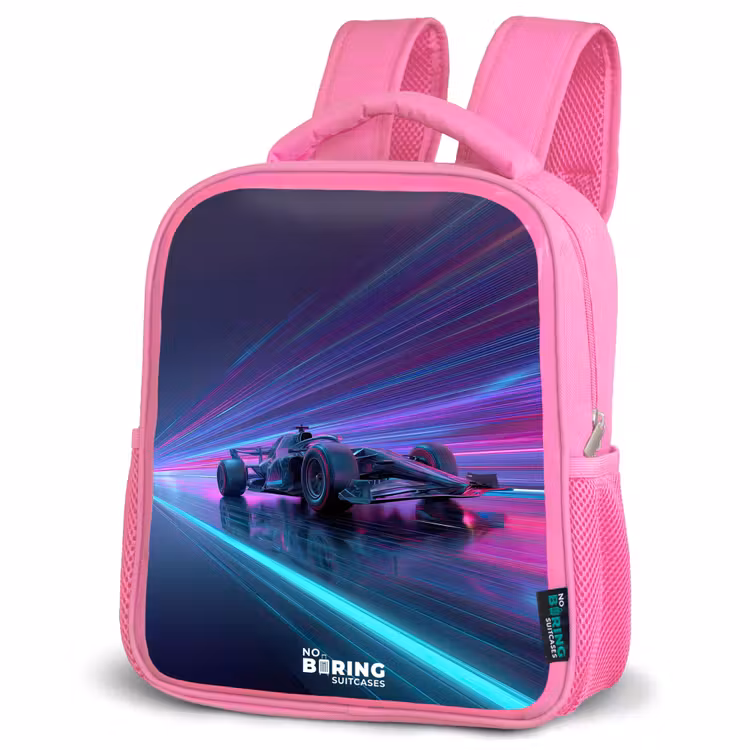 Neon - Raceauto - Lichtstrepen - Paars Kinderrugzak - Roze middel -schuin