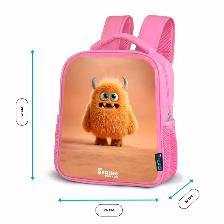 Oranje Pluizig Monster met Hoorns Kinderrugzak - Roze middel -productfoto_formaten