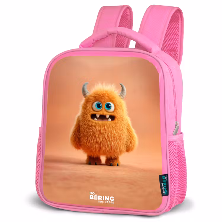 Oranje Pluizig Monster met Hoorns Kinderrugzak - Roze middel -schuin