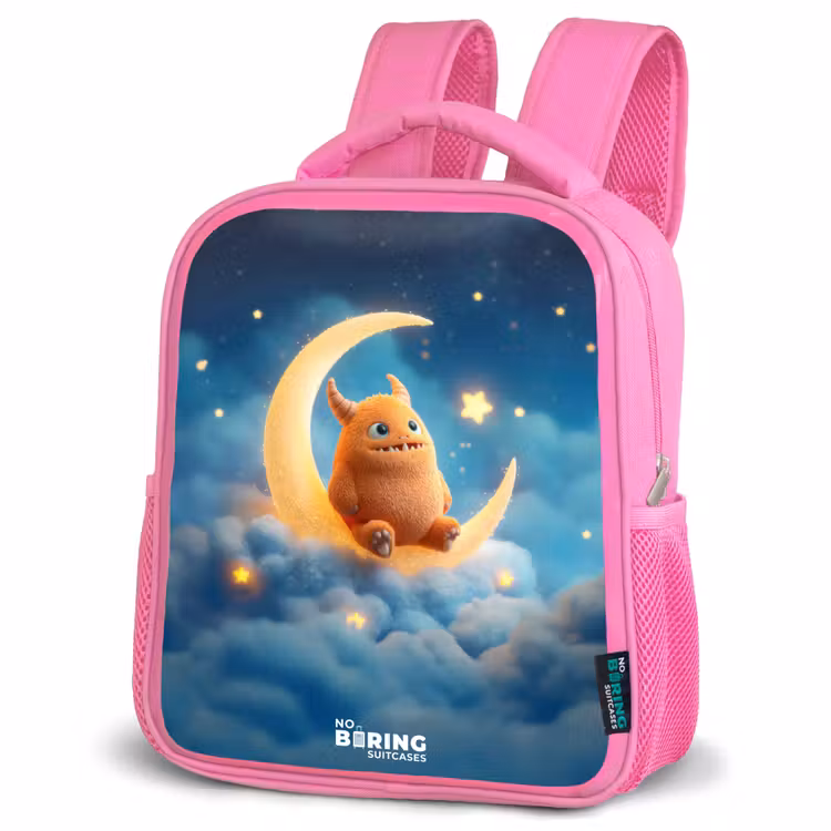 Oranje monster op maansikkel Kinderrugzak - Roze middel -schuin