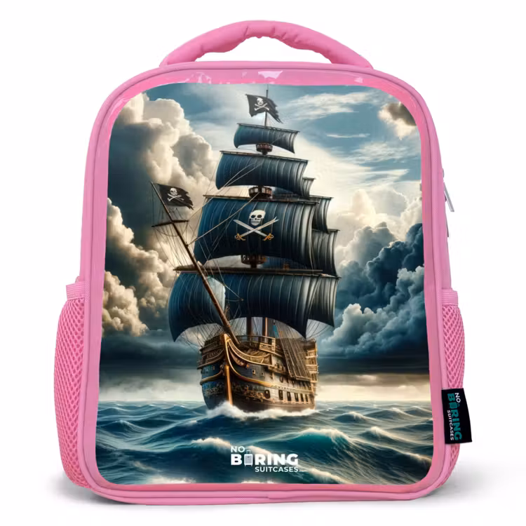 Piratenschip op een woeste zee Kinderrugzak - Roze middel -3d