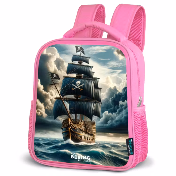Piratenschip op een woeste zee Kinderrugzak - Roze middel -schuin