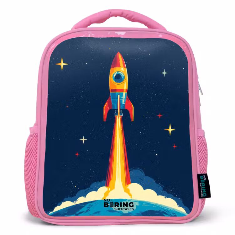 Planeet - Raket - Sterren - Donkerblauw Kinderrugzak - Roze middel -3d
