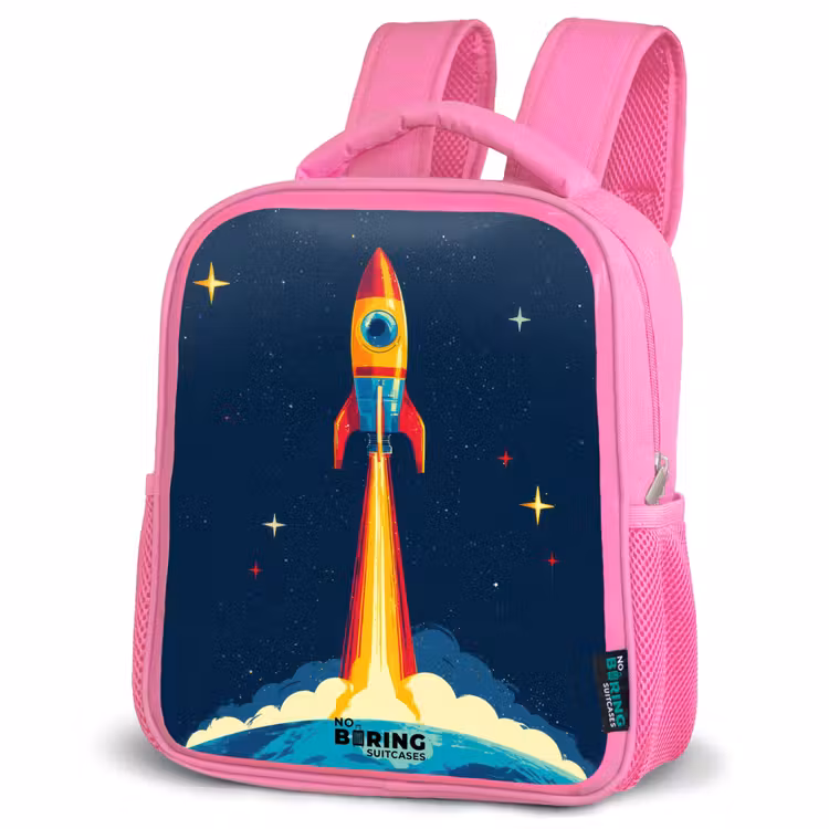 Planeet - Raket - Sterren - Donkerblauw Kinderrugzak - Roze middel -schuin