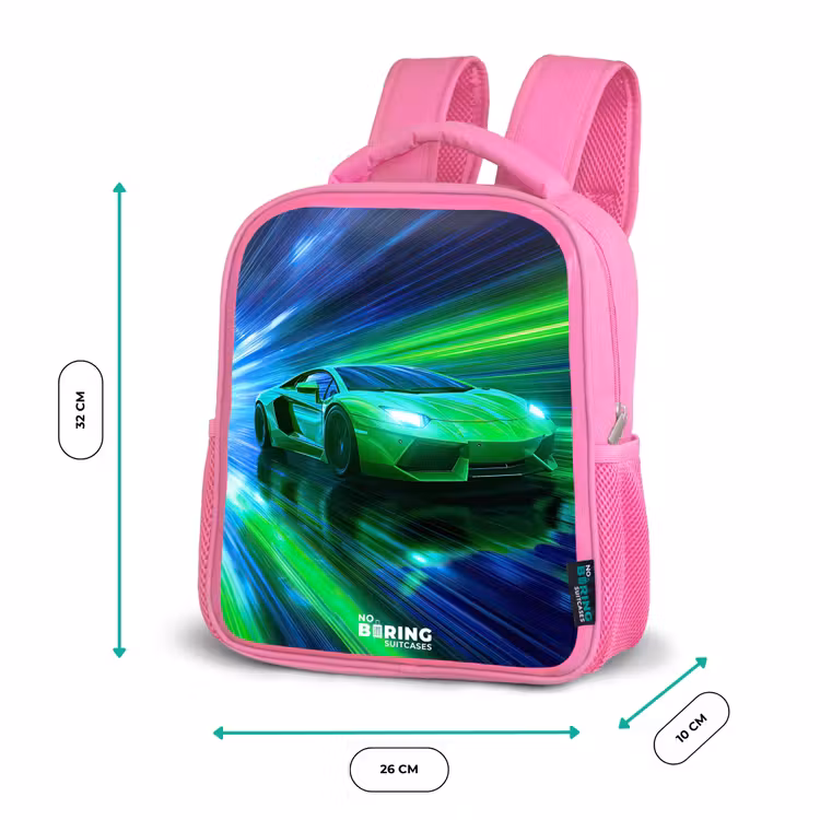 Raceauto - Felgroen - Lichtstralen - Snelheid Kinderrugzak - Roze middel -productfoto_formaten