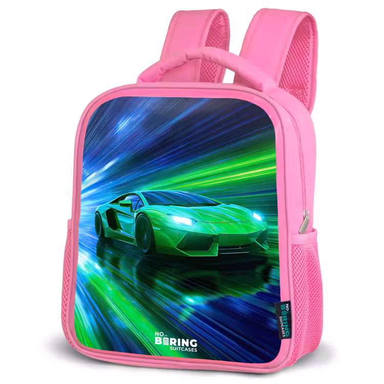 Raceauto - Felgroen - Lichtstralen - Snelheid Kinderrugzak - Roze middel -schuin
