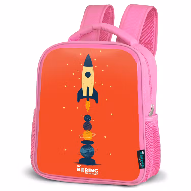Raket - Sterren - Planeten Kinderrugzak - Roze middel -schuin