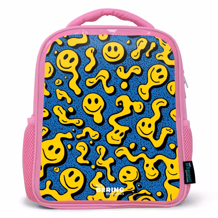 Smiley - Blauw - Geel Kinderrugzak - Roze middel -3d
