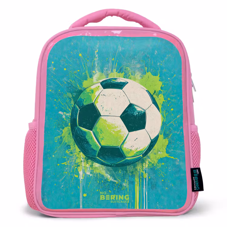 Voetbal - Verfspatten - Groen - Blauw Kinderrugzak - Roze middel -3d