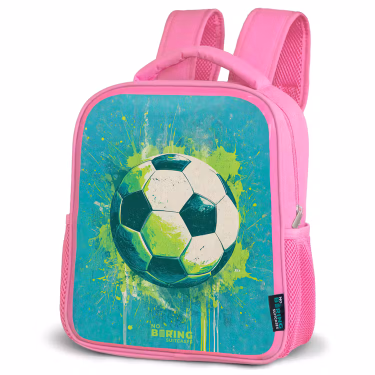Voetbal - Verfspatten - Groen - Blauw Kinderrugzak - Roze middel -schuin