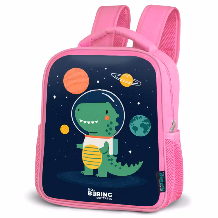 Ruimte - Dino - Planeten - Sterren Kinderrugzak - Roze middel -schuin