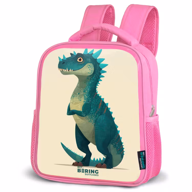Spiky dino met vriendelijke blik Kinderrugzak - Roze middel -schuin