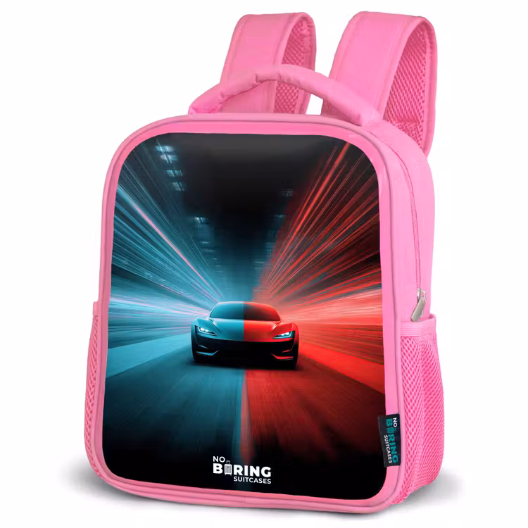 Sportwagen - Lichtstralen - Neon - Blauw Kinderrugzak - Roze middel -schuin