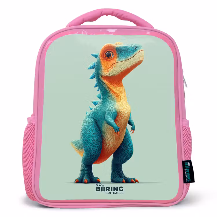 Stoere dino met grote ogen Kinderrugzak - Roze middel -3d