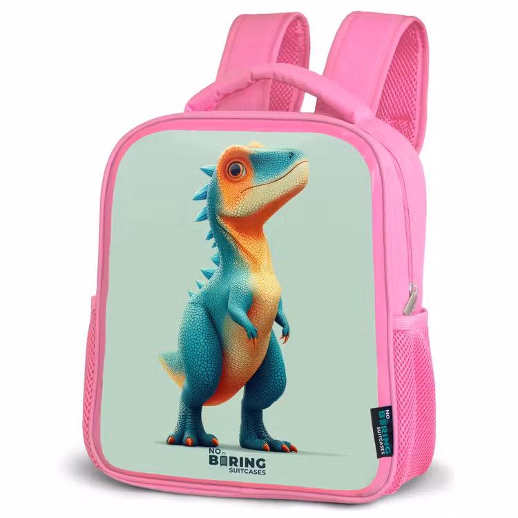 Stoere dino met grote ogen Kinderrugzak - Roze middel -schuin