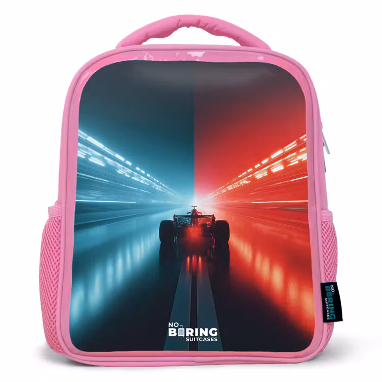 Baan - Raceauto - Neon - Rood Kinderrugzak - Roze middel -3d