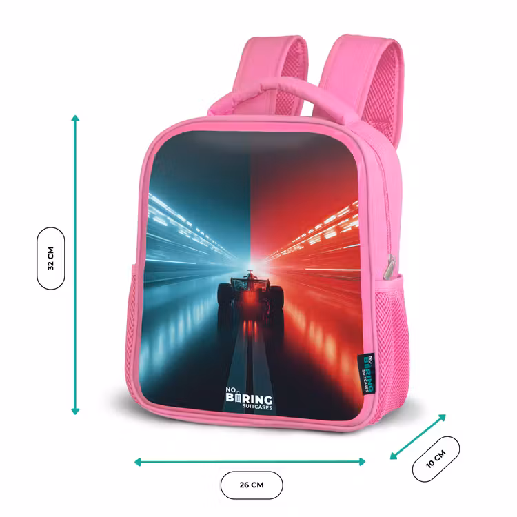 Baan - Raceauto - Neon - Rood Kinderrugzak - Roze middel -productfoto_formaten