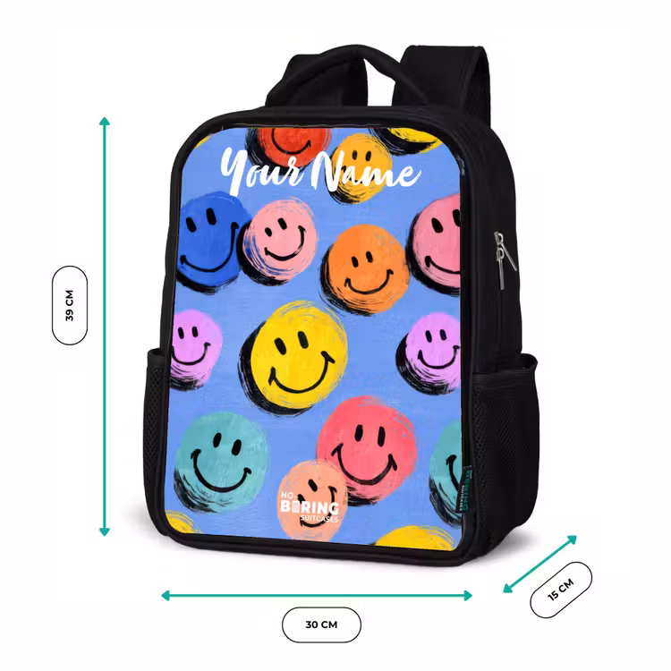 Een speels en kunstzinnig patroon van kleurrijke smileys Rugzak - Zwart middel -productfoto_formaten