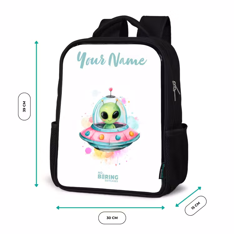 Groene alien in kleurrijke UFO Rugzak - Zwart middel -productfoto_formaten