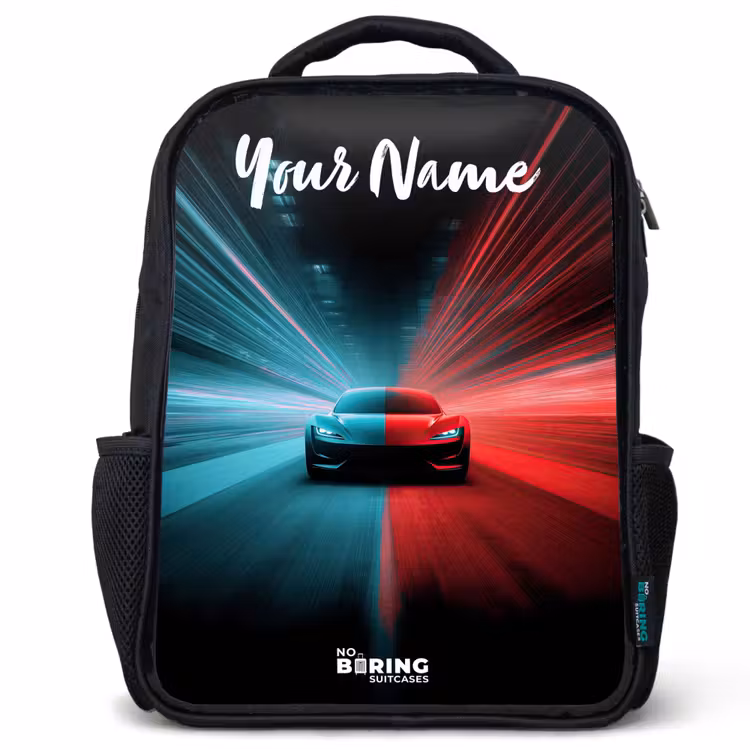 Sportauto - Blauw - Neon - Stad Rugzak - Zwart middel -3d