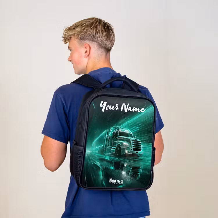Vrachtwagen - Stad - Groen - Neon Rugzak - Zwart middel -sfeer8