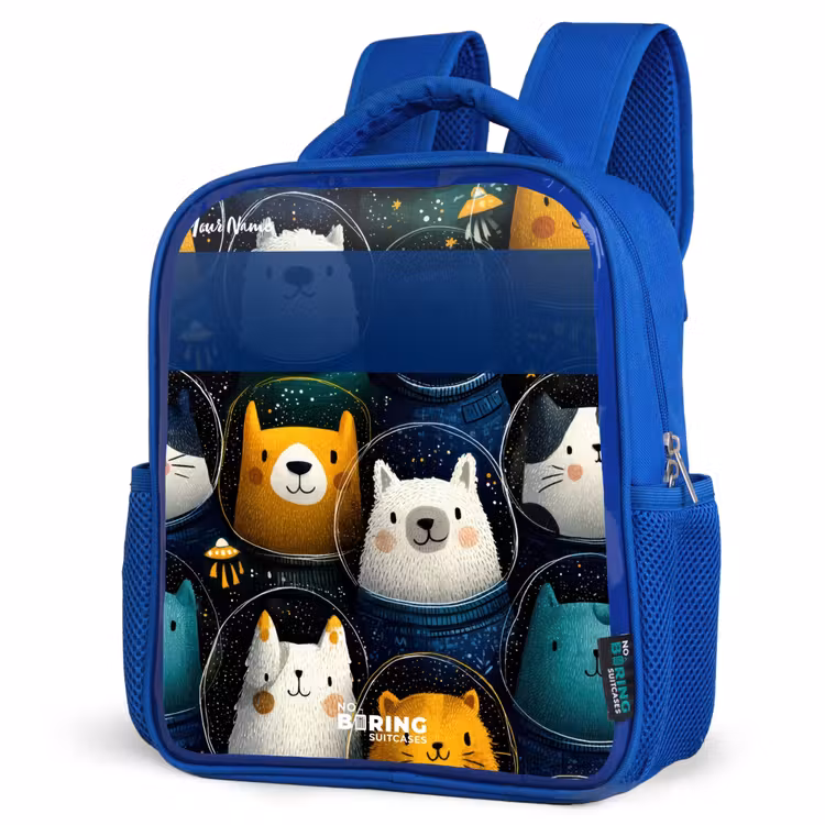 Dieren - Sterren - Planeten - Astronaut Kinderrugzak - Blauw middel -schuin