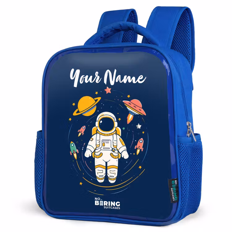 Astronaut - Planeet - Sterren - Raket Kinderrugzak - Blauw middel -schuin