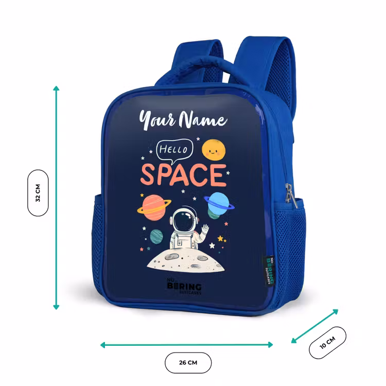 Astronaut - Quote - Planeten - Sterren Kinderrugzak - Blauw middel -productfoto_formaten