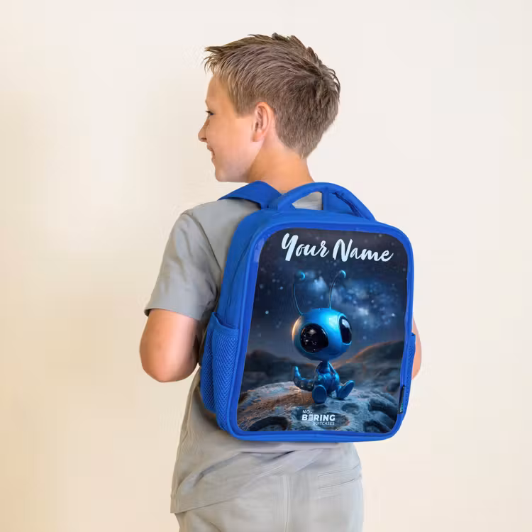 Blauw buitenaards wezentje onder sterrenhemel Kinderrugzak - Blauw middel -sfeer2