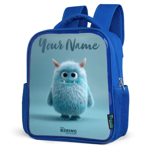 Blauw pluizig monster met hoorns Kinderrugzak - Blauw middel -schuin